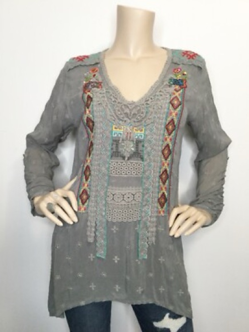 Johnny Was Light Gray Embroidered Boho Tunic with Multicolor Accents